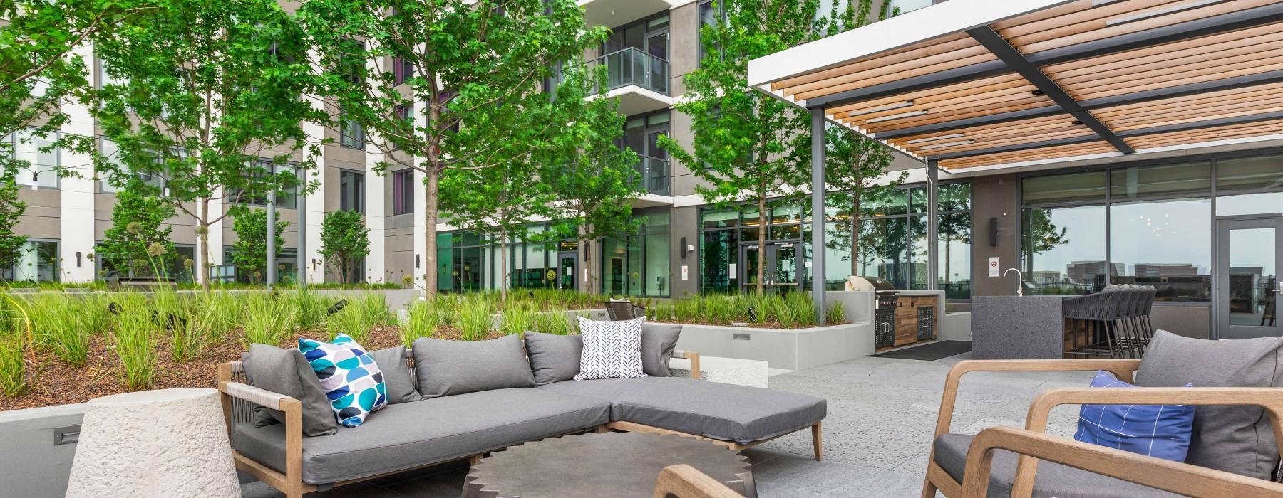 a group of couches outside a building